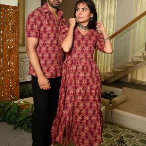 Couple Matching Red Cotton Anarkali Midi Dress and Shirt Set ? Floral Block Print